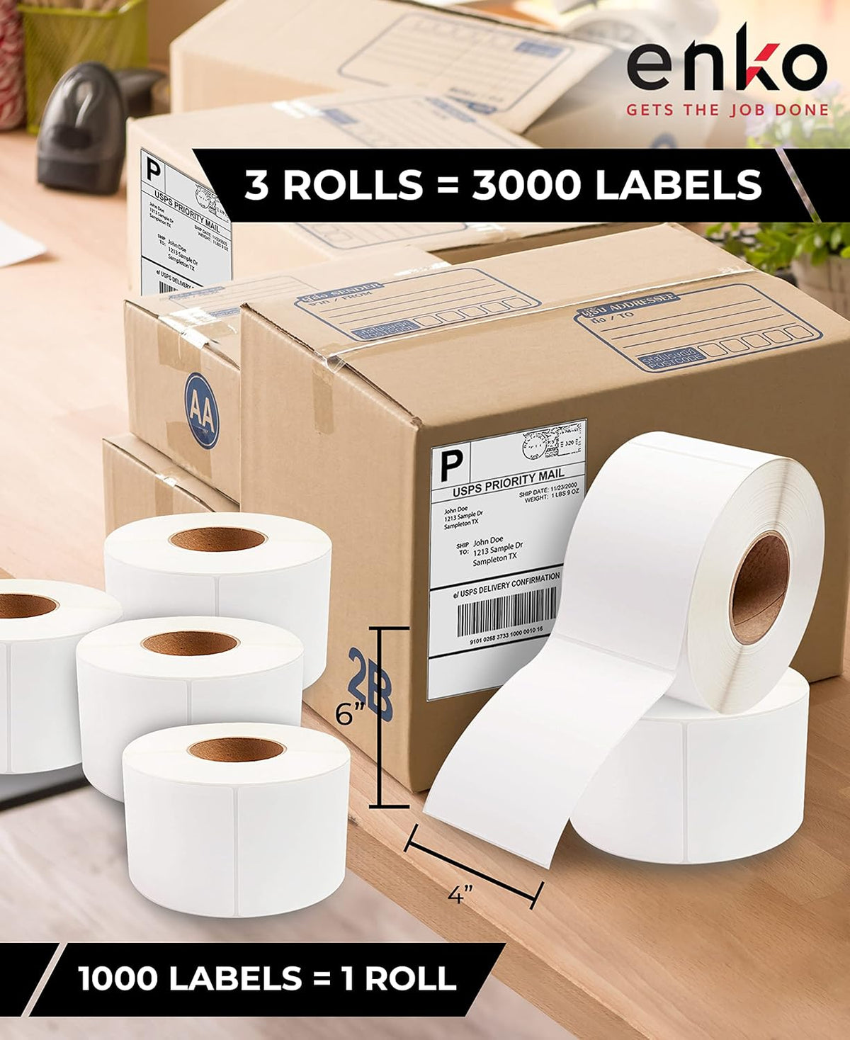 enKo 3 Rolls 4" x 6" Direct Thermal 3000 Labels 3" Core - Address & Shipping Labels Compatible for Industrial Printer Zebra 220Xi4 ZT200 ZT400 ZT510 ZT600 Datamax NATO Intermec