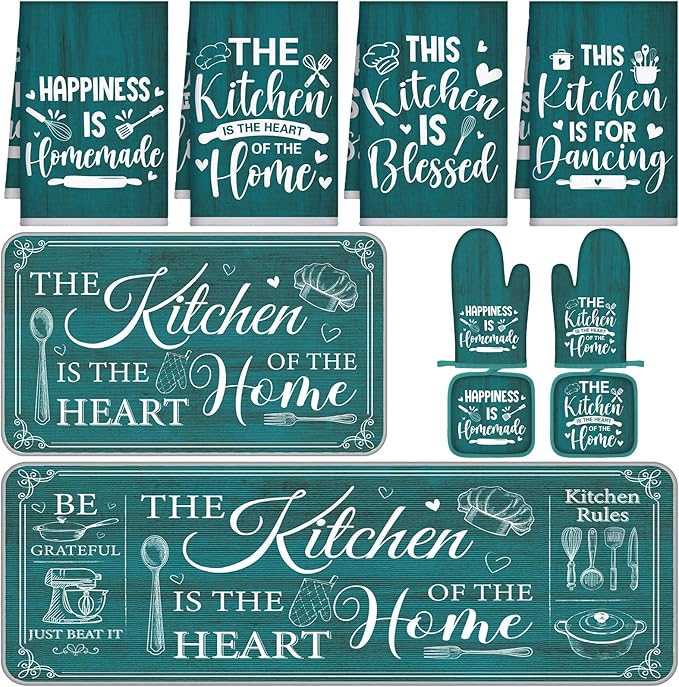 Fourluoo 10 Pcs Farmhouse Kitchen Decor and Accessories Set 4 Kitchen Towels 2 Pot Holders 2 Oven Mitts 2 Rugs for Cooking Baking Mom Housewarming Gifts(Light Blue,Classic Style)