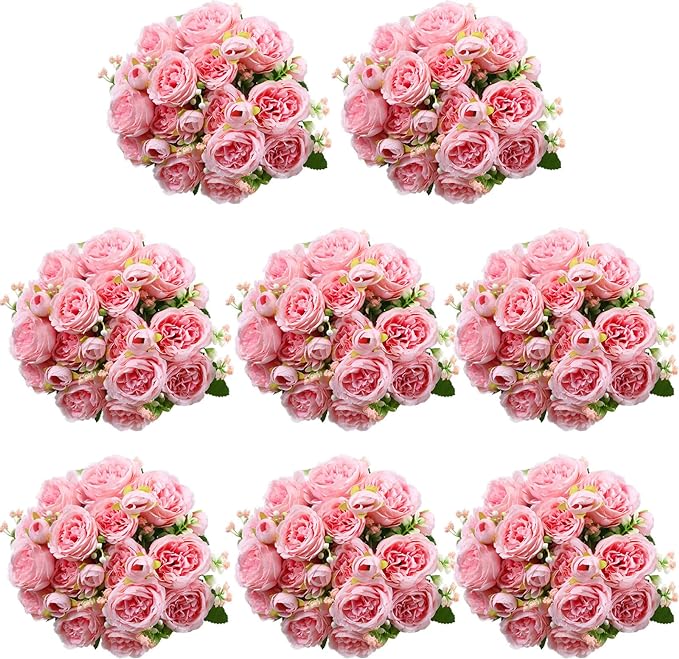 Geosar 8 Bundles Artificial Peonies Flowers Fake Silk Peony Bouquet Faux Peonies Flowers Bulk for Decoration Vase Floral Arrangements Wedding Party Table (Pink)