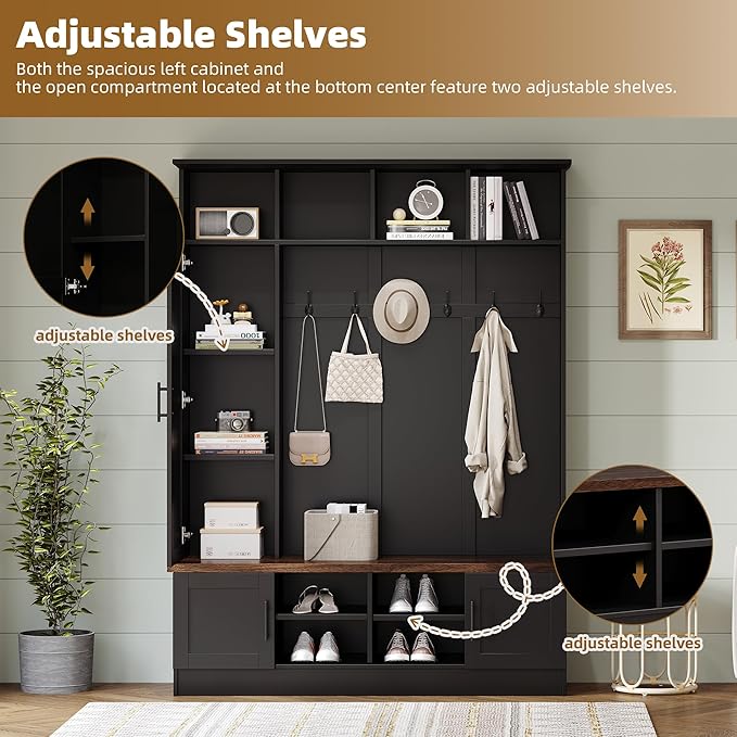 Versatile 3-in-1 Hall Tree with 6 Hooks, Farmhouse Walnut Storage Bench with Adjustable Shelves, 55" W Entryway Coat Rack with Multiple Storage Space for Mudroom, Living Room (Black-7)