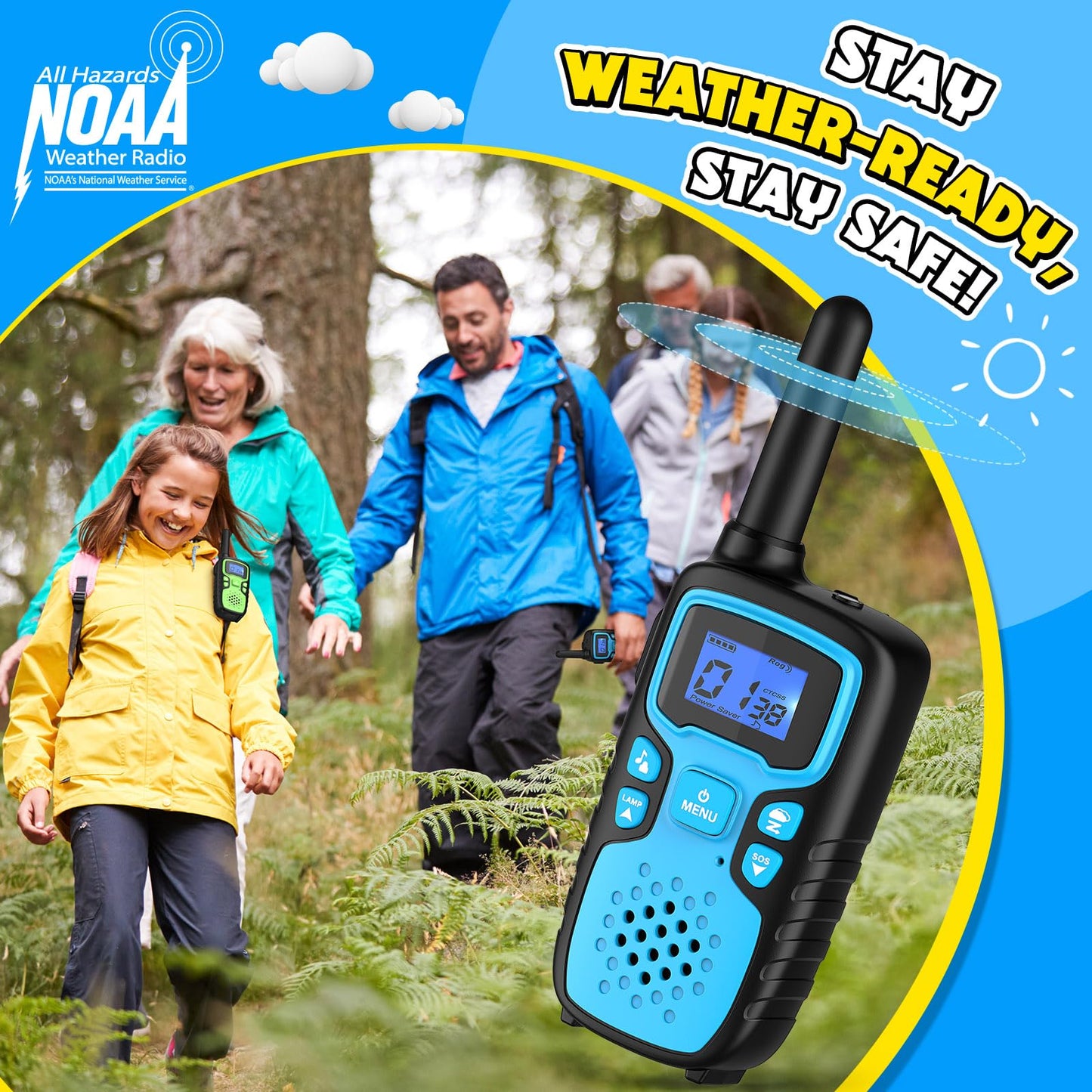 Wishouse Walkie Talkies for Kids Rechargeable Long Range,Xmas Birthday Gift for 4 5 6 7 8 9 Year Old Boy Girl,Hiking Gear Camping Games Cool Toys with NOAA,SOS Siren,Lamp,Lanyards,2 Pack Yellow Green