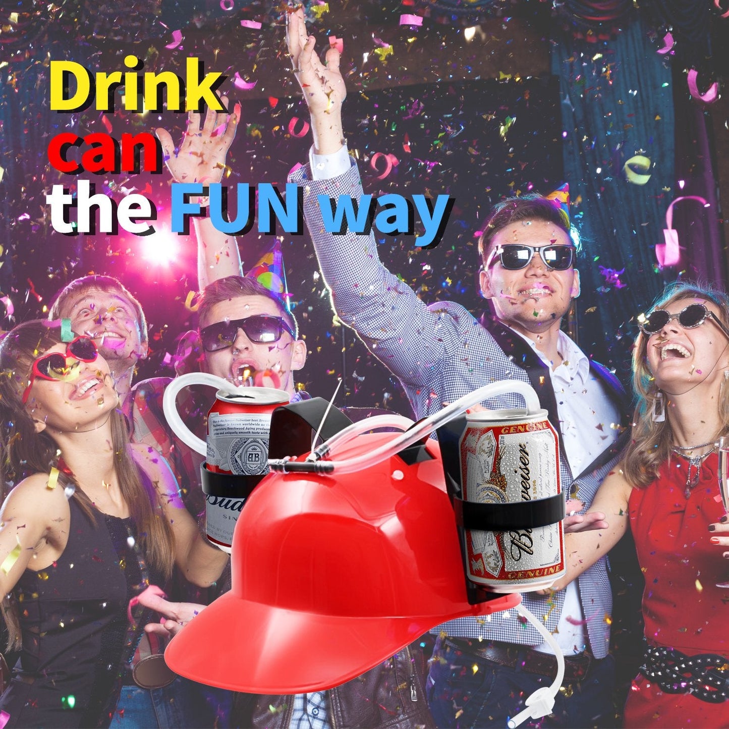 NOVELTY PLACE Drinking Helmet - Can Holder Drinker Hat Cap with Straw for Beer and Soda - Party Fun - Red