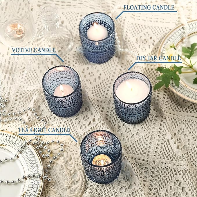 12 Pack Large Votive Candle Holders, 2.7 * 3.5in Blue Tea Light Candle Holder for Votives, Tealights & Pillar, Glass Candle Holders for Table Centerpiece Wedding