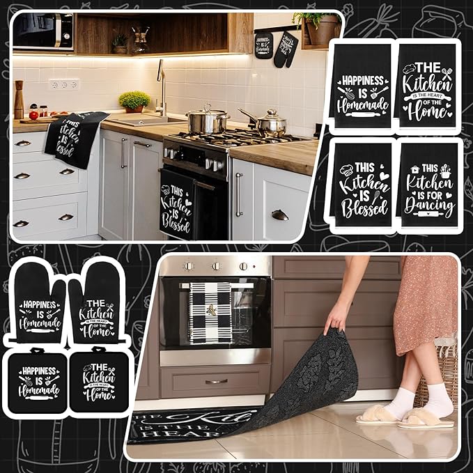 Fourluoo 10 Pcs Farmhouse Kitchen Decor and Accessories Set 4 Kitchen Towels 2 Pot Holders 2 Oven Mitts 2 Rugs for Cooking Baking Mom Housewarming Gifts(Black,Classic Style)