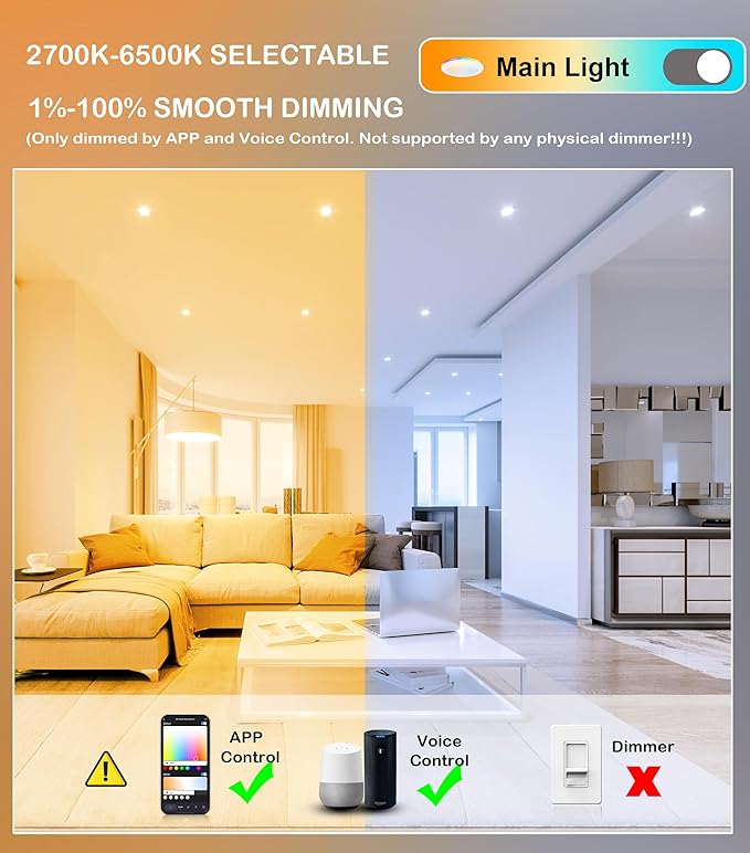 CLOUDY BAY [4 Pack] 6 Inch RGB Smart Recessed Lighting with Gradient Accent Light and Night Light,2700K~6500K,15W Recessed Lights Ultra-Thin Downlight Compatible with Alexa and Google Home Assistant