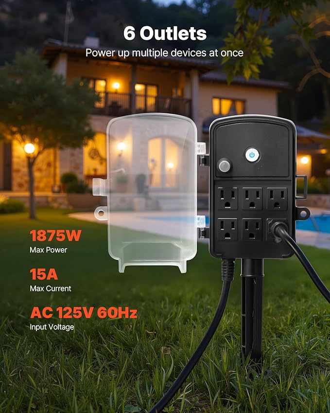 VEVOR Outdoor Power Stake Waterproof, 50 FT Extension Cord, Outdoor Power Strip, Weatherproof with Cover and Overload Protection, 6 Outlets, 15A/1875W for Halloween/Christmas Lights Decorations