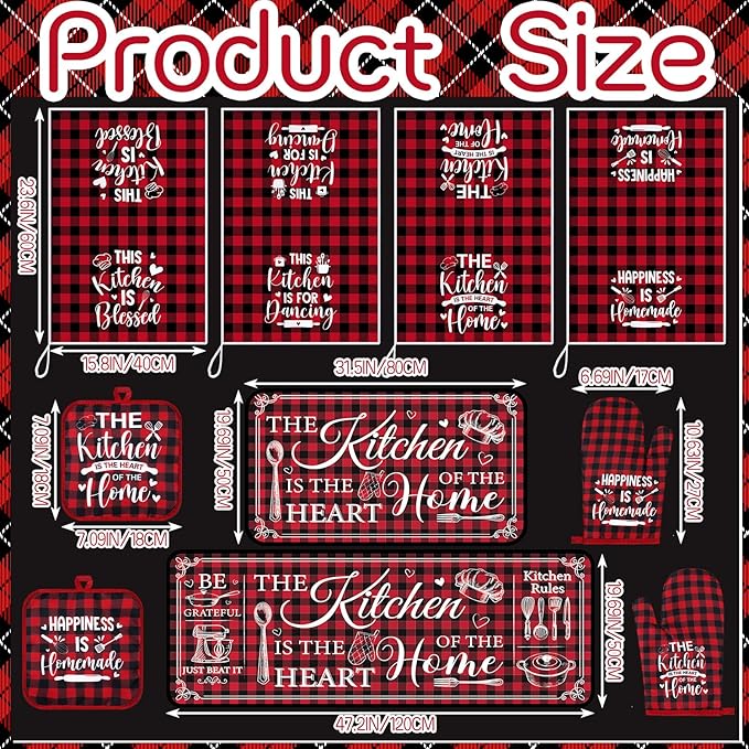 Fourluoo 10 Pcs Farmhouse Kitchen Decor and Accessories Set 4 Kitchen Towels 2 Pot Holders 2 Oven Mitts 2 Rugs for Cooking Baking Mom Housewarming Gifts(Red White,Classic Style)