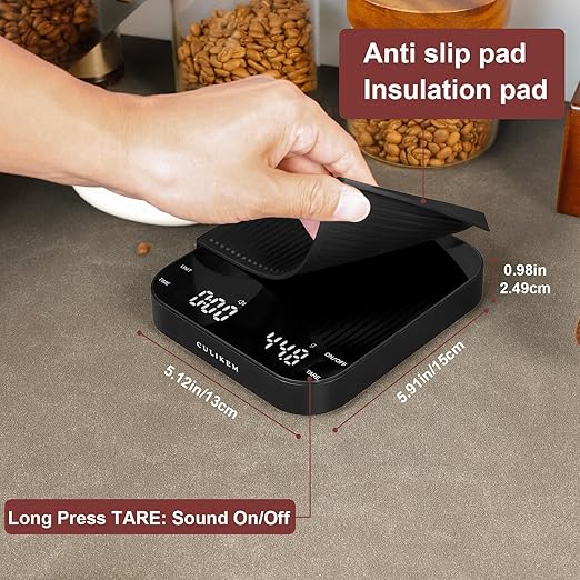Pour Over Coffee Scale with Timer - 0.1g High Precision Digital Espresso Scale for Portafilter Weighing & Coffee Beans. Large Wide Base Gram Scale for Kitchen, Chemex & French Press (Black)