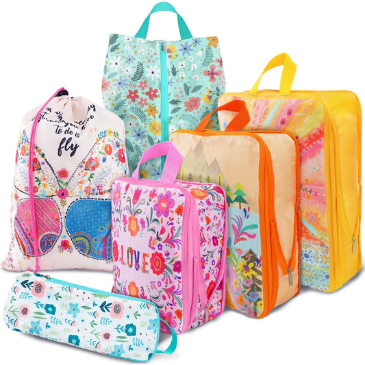 beautype 6 Set Packing Cubes Compression Bags for Travel, Floral Packing Organizers for Luggage with Shoe Bags for Packing In Suitcase, Colorful Compression Bags for Storage Trip and Family Vacation