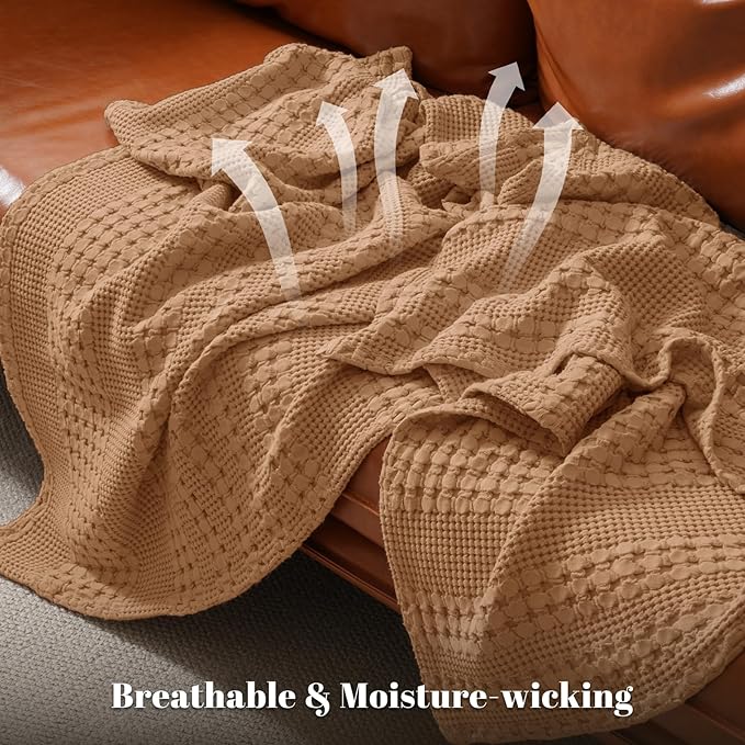 PHF 100% Cotton Waffle Weave Blanket Queen Size for Bed, Soft Lightweight & Breathable, All-Season Comfort, Luxury Aesthetic Woven Bedding for Home Decor, 90"x90", Clay