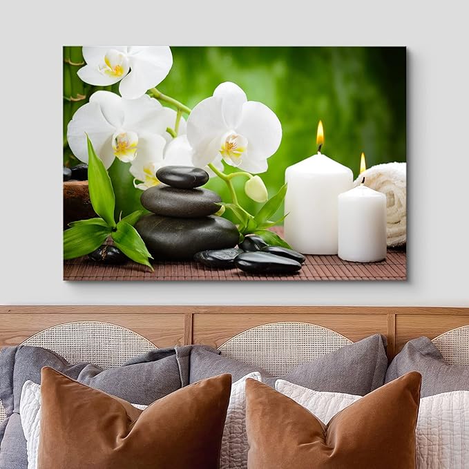 wall26 Canvas Print Wall Art Basalt Stones & Orchids on Wood Panel Nature Floral Photography Realism Rustic Colorful Multicolor Ultra for Living Room, Bedroom, Office - 12"x18"