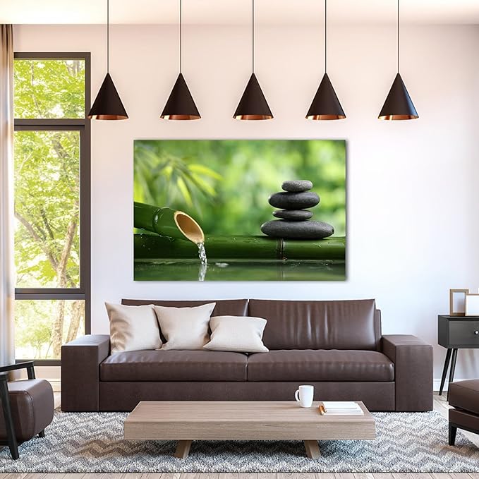 GUTTATY Zen Wall Art Decor, Modern Bathroom Zen Decor Wall Art, Canvas Wall Art for SPA Zen Room Decor, Green Bamboo and Pebble Relaxing Zen Art Prints for Office & SPA Wall Decor 24x36 Inches