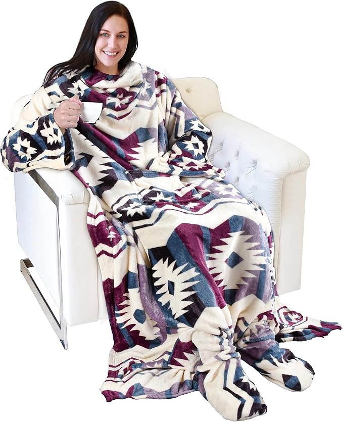 Catalonia Wearable Fleece Blanket with Sleeves and Foot Pockets for Adult Women Men, Micro Plush Comfy Wrap Sleeved Throw Blanket Robe Large, Southwest Star