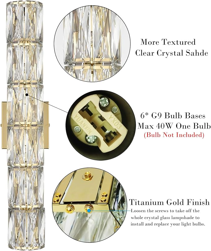 SAMTEEN 24-Inch Crystal Wall Sconce Gold Sconces Wall Lighting Mid-Century Modern 6-Light Luxury Brass Glass Wall Light Fixture for Bedroom Hallway Bathroom Vanity Light Fixtures