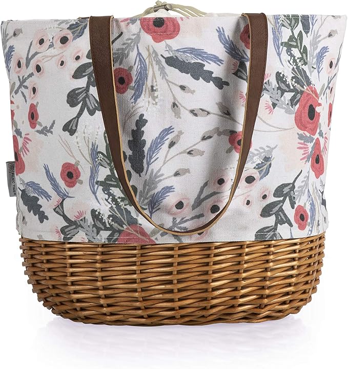 PICNIC TIME Coronado Canvas and Willow Basket Tote, Picnic Tote Bag, Beach Tote