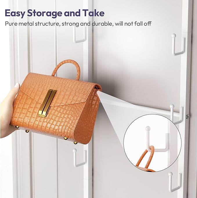 SWTYMIKI Over The Door Purse Organizer - Wall Mounted Purse Rack with 10 Hooks and Metal Basket, Hanging Handbag Storage Organizer Holds up to 10 Bags, Bag Rack Can Use As 1/2 Part, for Door, Closet