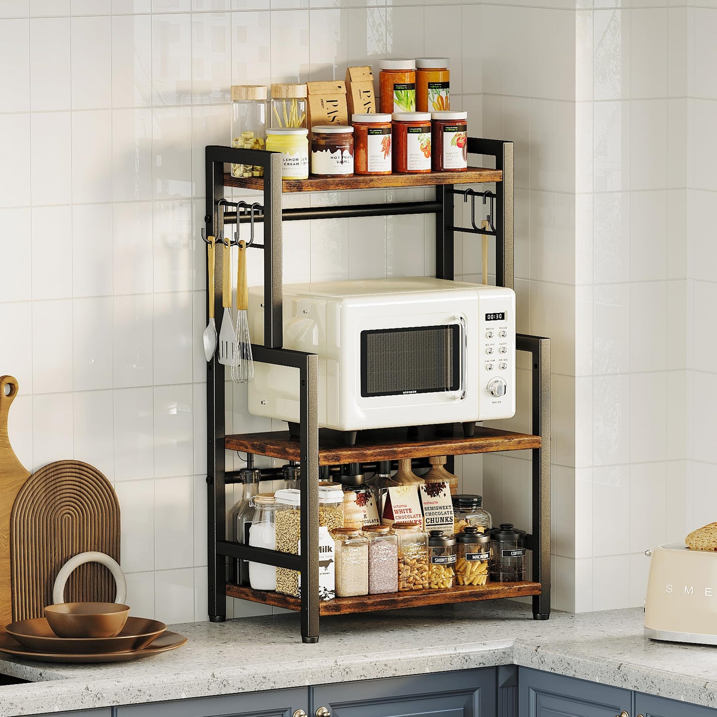 Kitchen Countertop Organizer,3 Tier Large Spice Rack Organizer with Adjustable Shelf and 5 Hooks,Wooden Counter Organizer,Space Saving Countertop Shelf Microwave Stand for Kitchen,Bathroom,Coffee Bar