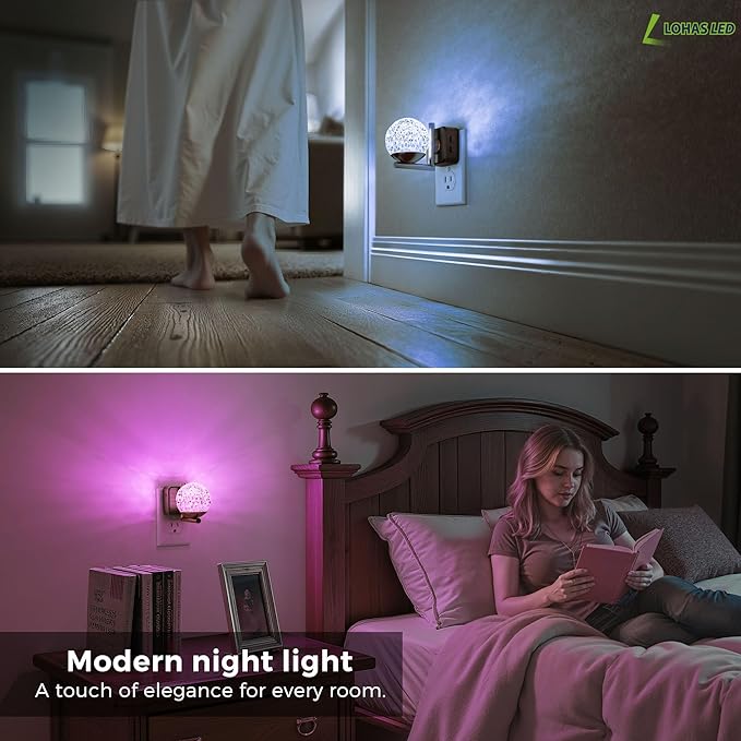 L LOHAS LED Night Lights Plug Into Wall 2 Pack,Dusk to Dawn Sensor,10-Color RGB Dimmable Night Light, 180°Rotating Plug in Night Light for Bathroom, Hallway, Bedroom, Stairway