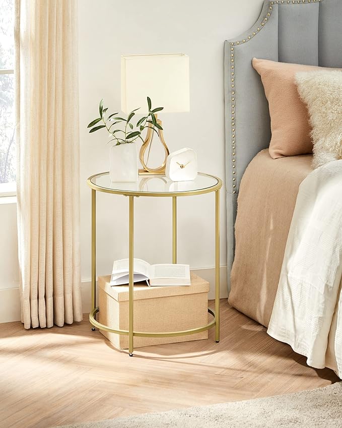 VASAGLE Round Side Tables, Set of 2, Glass End Tables with Metal Frame, Gold Coffee Tables with Modern Style, for Living Room, Balcony, Bedroom, Gold Color