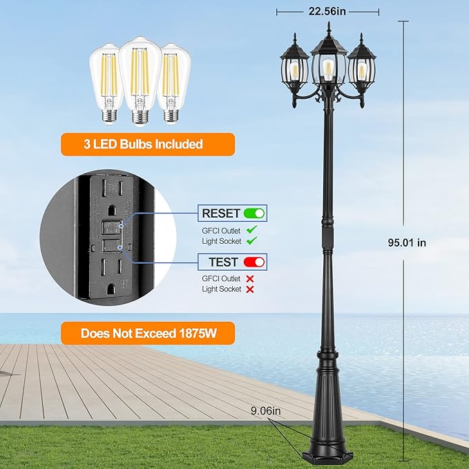 PARTPHONER Outdoor Lamp Post Light with GFCI Outlet, 3-Head Classic Black Light Pole with Glass Panels (3 LED Bulbs Included), Aluminum Waterproof Outside Street Light for Backyard Garden Driveway