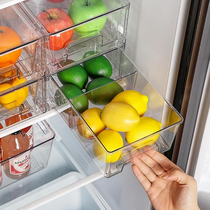 Vtopmart 4 Pack Stackable Storage Drawers,Clear Acrylic Drawer Organizers with Handles, Easily Assemble for Fridge, Bathroom,Kitchen Undersink,Cabinet,Pantry Organization and Storage