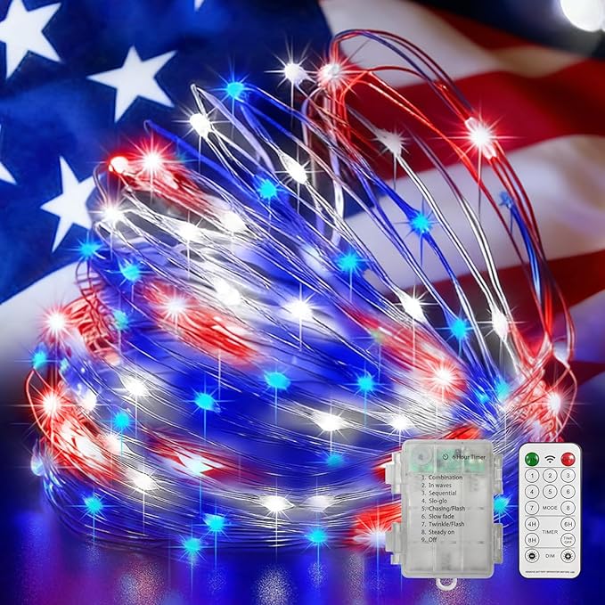 LAMPHOME Patriotic Fairy Lights Battery Operated, 33Ft 100 LEDs Waterproof Twinkle Firefly Lights,Starry String Light for Independence Day Patriotic Holidays Decoration (Red, White & Blue)