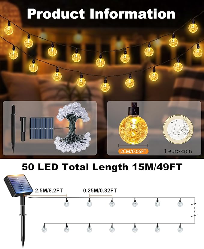 btfarm Solar String Lights Outdoor Waterproof, 50 LED 49 FT Solar Powered Patio Light, 8 Lighting Modes Crystal Globe Decoration for Garden Balcony Yard Porch Party, Warm White