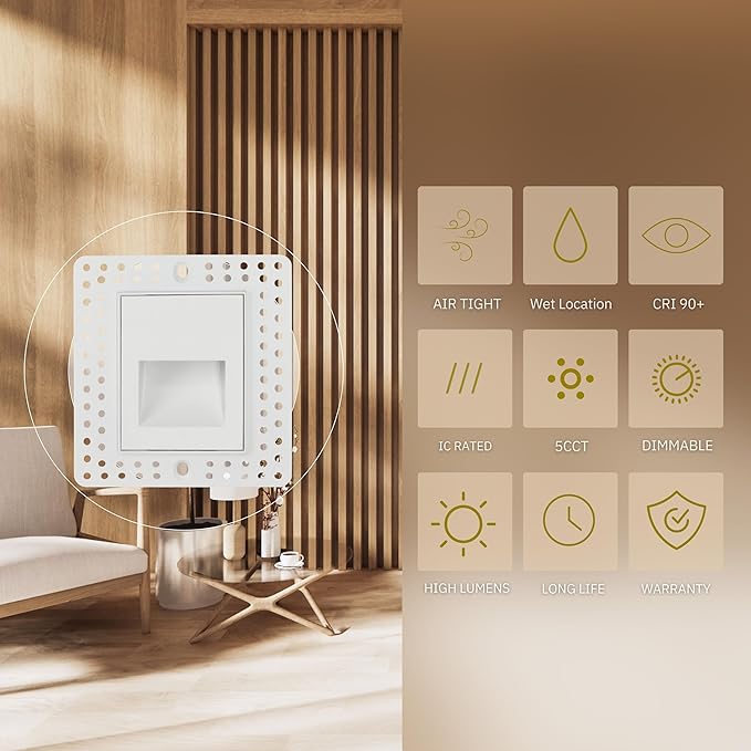 3W Trimless Vertical Step Lights, White Finish, 120V Dimmable LED Stair Lights Indoor and Outdoor, 75 Lumens, CRI 90+, IC Rated, ETL Listed, 5CCT Selectable 2700K|3000K|3500K|4100K|5000K
