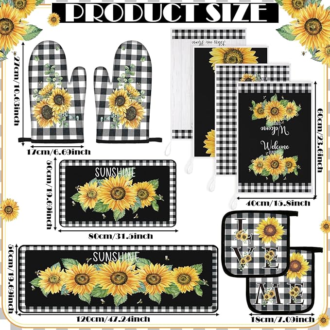 Fourluoo 10 Pcs Sunflower Kitchen Decor 4 White and Black Buffalo Plaid Kitchen Towels 2 Buffalo Check Pot Holders 2 Rustic Sunflower Oven Mitts 2 Yellow Rugs for Cooking Baking Mom Housewarming Gift