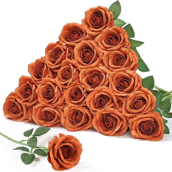 Serwalin 20pcs Artificial Burnt Orange Roses, 4'' Big Flower Head Fake Roses, Velvet Real Touch Roses, Silk Roses Long Stems for Home Decor Wedding Bouquet and Table Centerpiece