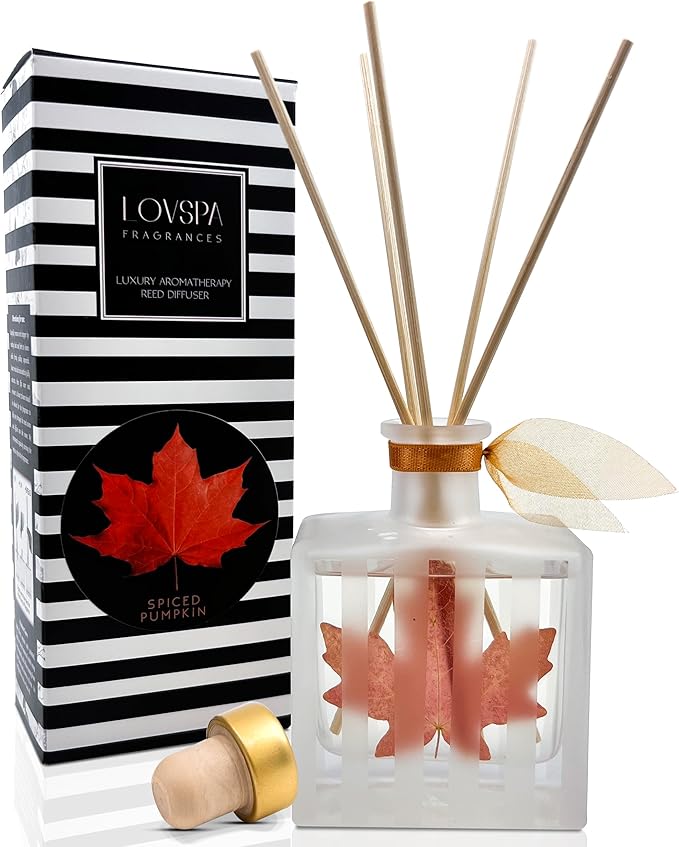 LOVSPA Reed Diffuser Set, Spiced Pumpkin Scented Oil Diffuser with Sticks, Home Fragrance Accessories for Bathroom Shelf Decor, Aroma Diffusers for Home or Office Fall Decor, USA Made