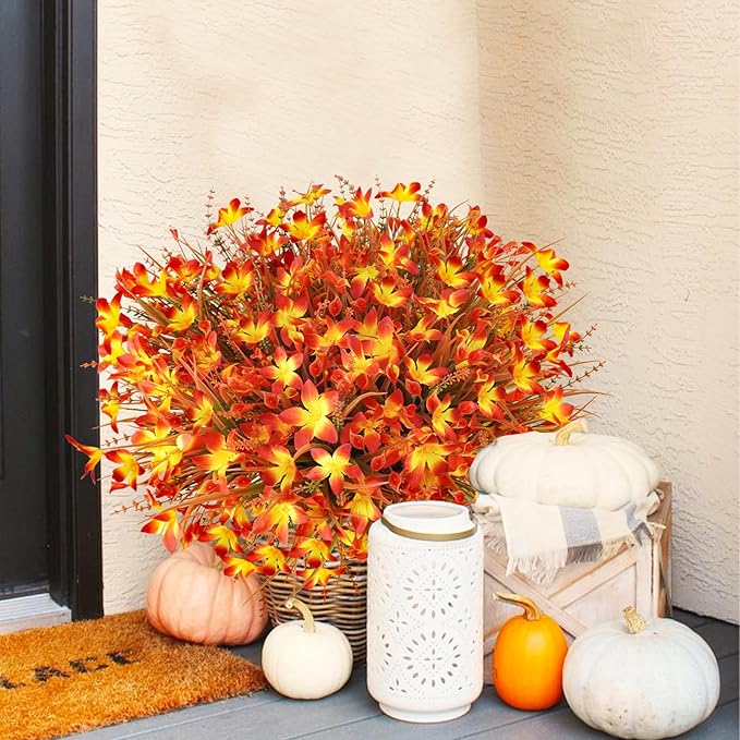 Uieke 72PCS Artificial Mums for Outdoors Fake Fall Outdoor Lavender Flowers Orange Calla Lilly and Autumn Daisy Mums Flowers No Fade for Outside Window Box Porch Planters Garden Thanksgiving Decor
