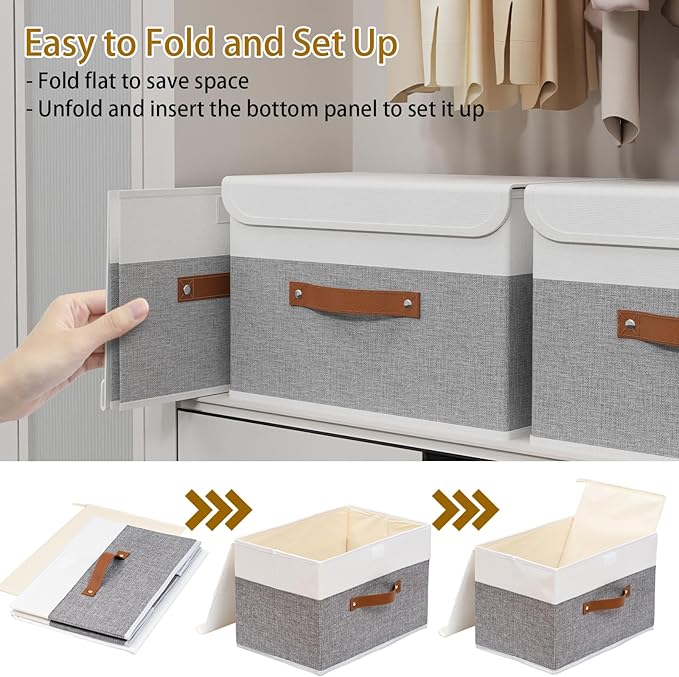 Yawinhe Storage Boxes with Lids, Linen Fabric Bin, Cube Organizer Basket, Washable and Leather Handle, for Home, Closet, White/Grey, 15.0''Lx9.8''Wx9.8''H, 5-Pack, USNK024WGL-5