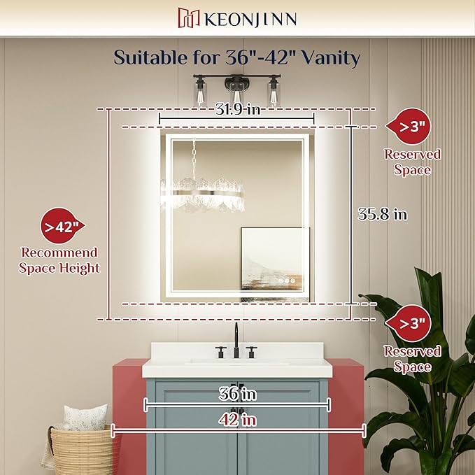 Keonjinn LED Bathroom Mirror 32" x 36" Frontlit and Backlit, Large Stepless 3 Colors Temperature & Dimmable Wall Mirror, UL Listed LED Driver Double LED Strip, Anti-Fog Frameless Tempered Glass Mirror