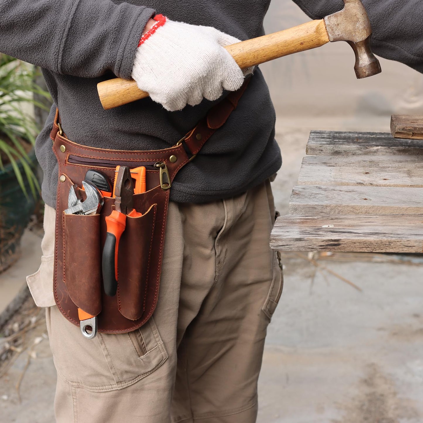 Tourbon Leather Gardening Belt Florist Tool Bag Gardener Holster Waist Pouch Electrician Carpenter Organizer Kit with 4 Pockets Up to 44"", Brown