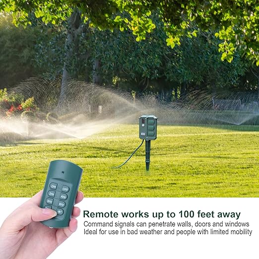 Outdoor Light Timer Waterproof, Dusk to Dawn Power Stake Timer Remote Control, 6 Grounded Electrical Outlets Timer for Outdoor Christmas Lights, Yard, Garden, Backyard, Halloween Decoration,13A