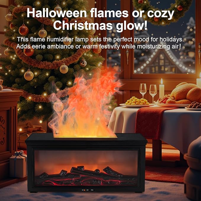 Fireplace Flame Essential Oil Diffuser Humidifier - Ultrasonic Aroma Diffuser with 7-Color Flame Effect, Remote Control & Auto-Off Timer for Bedroom, Home Office,Yoga(Black)