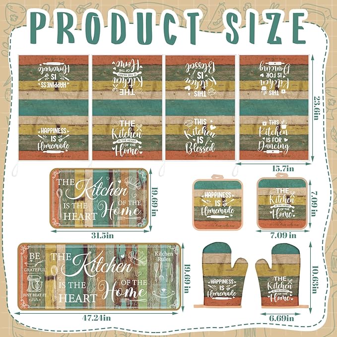Fourluoo 10 Pcs Farmhouse Kitchen Decor and Accessories Set 4 Kitchen Towels 2 Pot Holders 2 Oven Mitts 2 Rugs for Cooking Baking Mom Housewarming Gifts(Vintage Wood Grain,Classic Style)