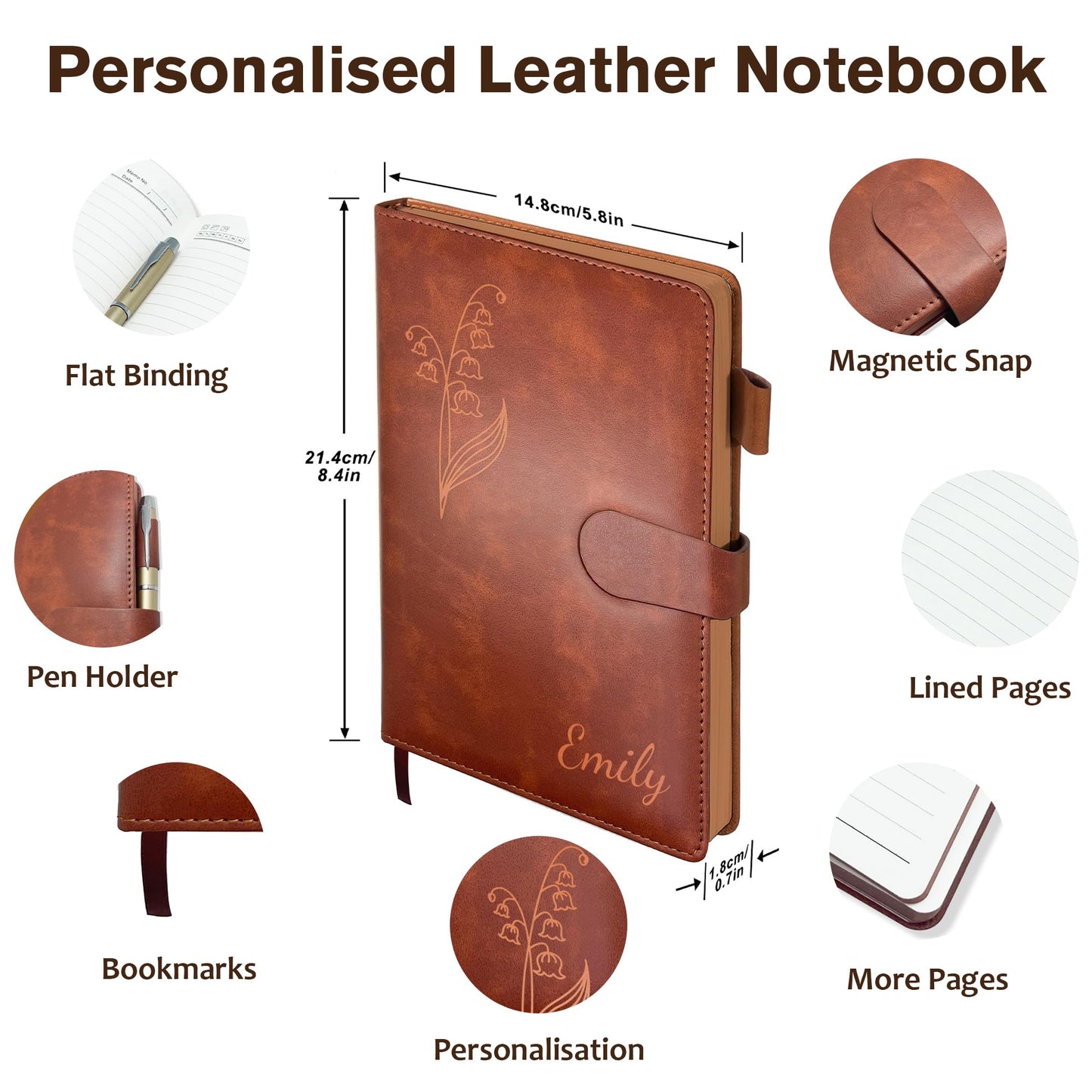 Personalized Leather Journal with Gifts Box & Pen, Custom Notebooks Diary with Engraved Birth Flower Name, Birthday Gifts for Women, Christmas Office Gift for Bridesmaid Students Teacher Mom Friend