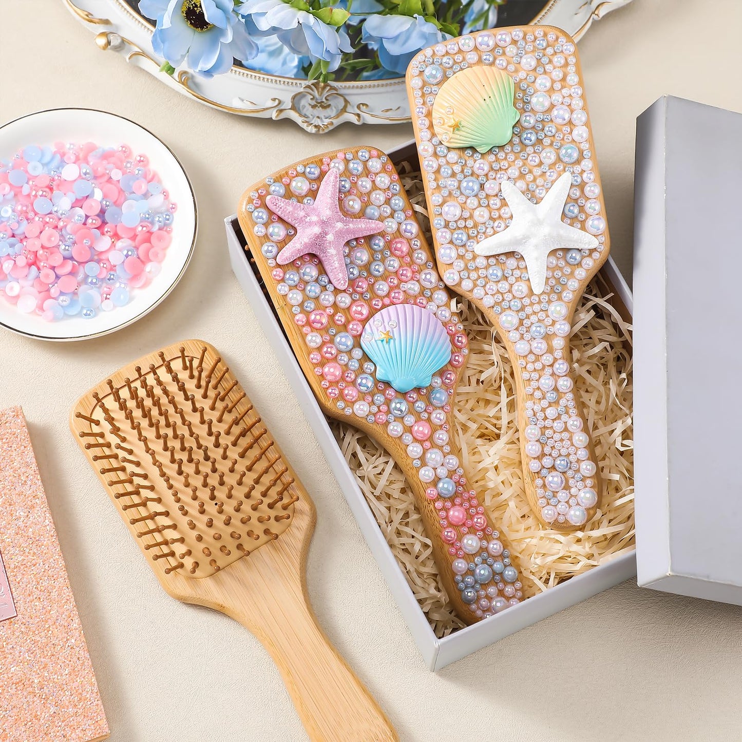 LemonRoad 3 Pcs DIY Pearl Shell Hair Brush Kit Make Your Own Hair Brush with Resin Shells Simulated Starfish Half-pearls, Hairbrush Accessories for Women, Bridal & Baby Shower Wedding Gift