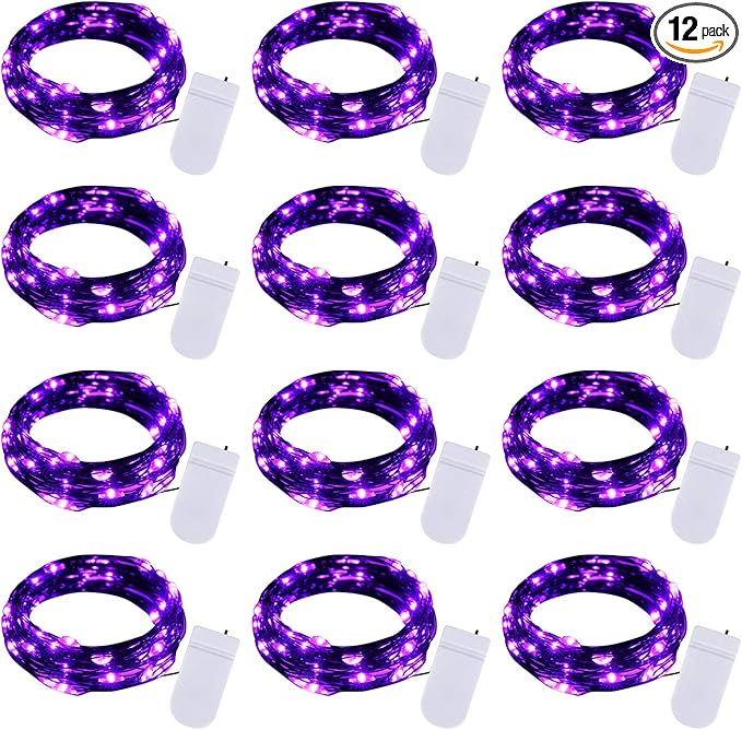 Halloween Purple Fairy String Lights: 12 Pack 7 Ft 20 LED Battery Operated Firefly Lights on Black Wire Starry Moon Lights for DIY Party Bedroom Patio