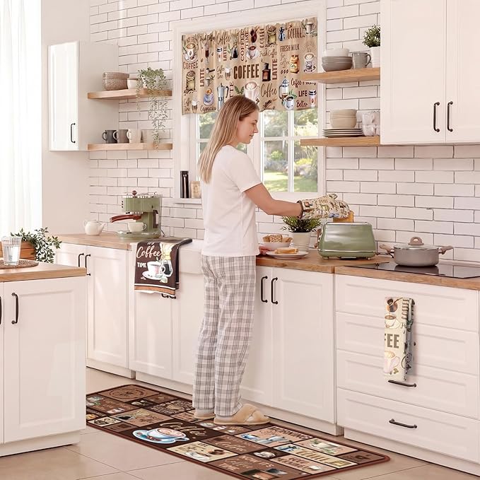 Fourluoo 16 Pcs Coffee Kitchen Decor and Accessories Set Coffee Brown Kitchen Towel and Dishcloth Non Slip Rug Mat for Floor Farmhouse Oven Mitt and Pot Holder Curtain Set for Home Decoration Gift