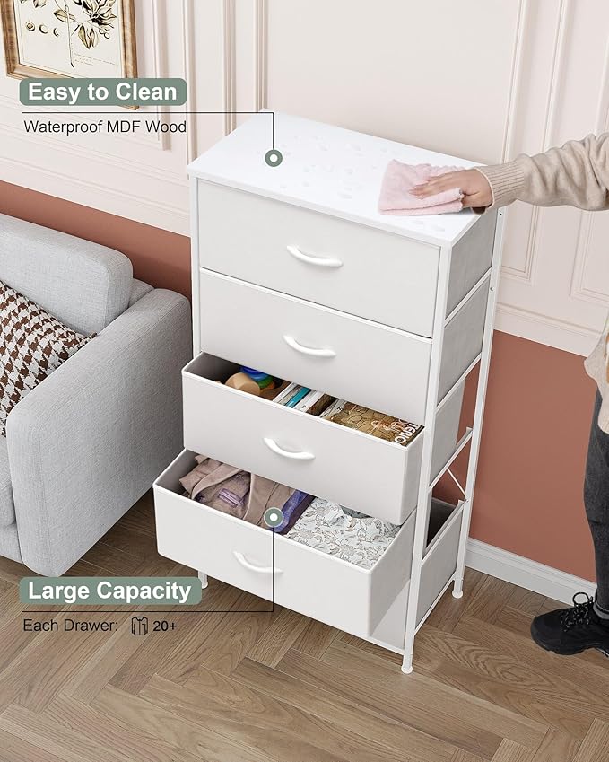 Crestlive Products Tall Dresser for Bedroom Vertical Storage Tower - Wide Fabric Dresser & Chests of Drawers for Closet, Hallway, Entryway w/Wood Top, Easy Pull Fabric Bins - 5 Drawers(White)