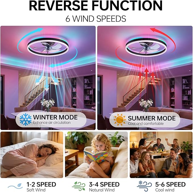 RGB Ceiling Fan with Light,20'' Modern Flush Mount Ceiling Fan, 6 Speeds, Dimmable LED, Remote Control, Quiet DC Motor,Smart Low Profile Ceiling Fan for Bedroom, Living Room,DM101-H-RGB Black