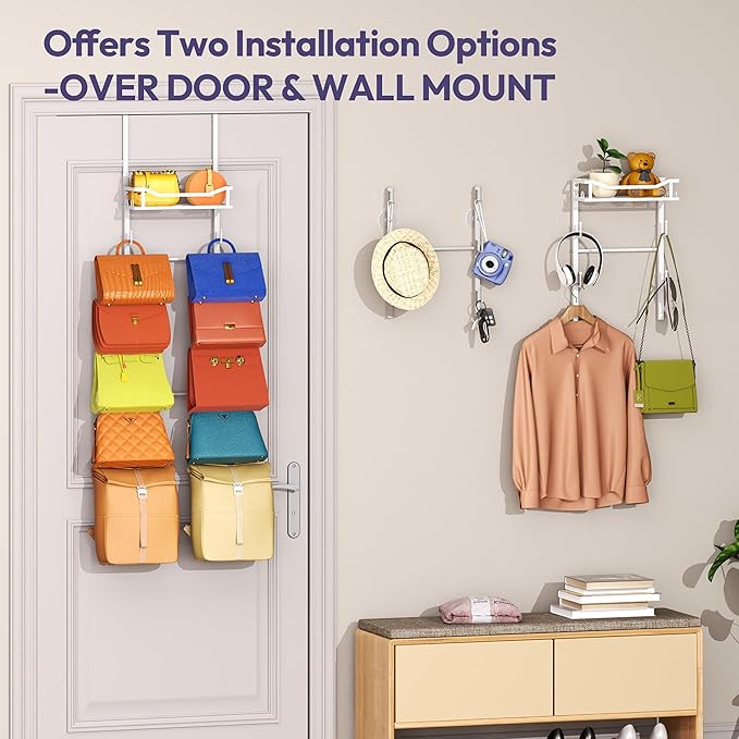 SWTYMIKI Over The Door Purse Organizer - Wall Mounted Purse Rack with 10 Hooks and Metal Basket, Hanging Handbag Storage Organizer Holds up to 10 Bags, Bag Rack Can Use As 1/2 Part, for Door, Closet