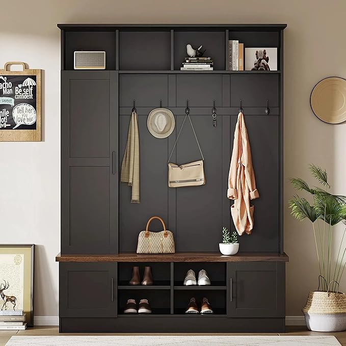 Versatile 3-in-1 Hall Tree with 6 Hooks, Farmhouse Walnut Storage Bench with Adjustable Shelves, 55" W Entryway Coat Rack with Multiple Storage Space for Mudroom, Living Room (Black-7)