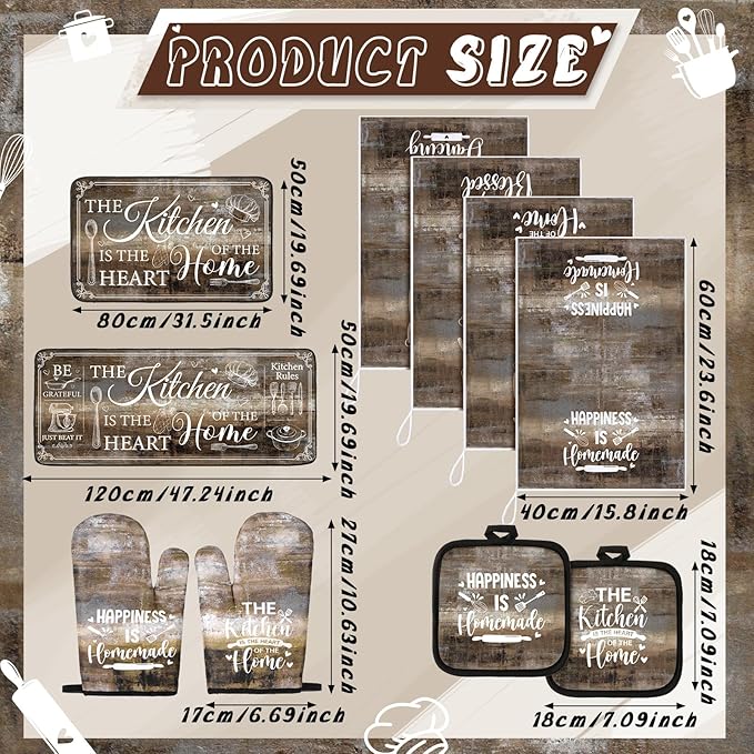 Fourluoo 10 Pcs Farmhouse Kitchen Decor and Accessories Set 4 Kitchen Towels 2 Pot Holders 2 Oven Mitts 2 Rugs for Cooking Baking Mom Housewarming Gifts(Brown Gray,Classic Style)