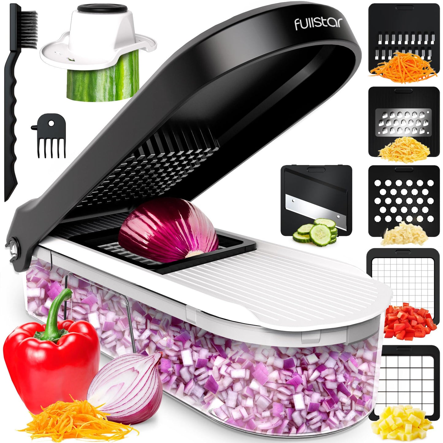 Fullstar Mandoline Slicer for Kitchen - Vegetable Chopper, Onion Potato Food Veggie Fruit Slicer and Cutter with Container, Kitchen Gadgets & Accessories, Home Essentials (6-in-1, White/Black)