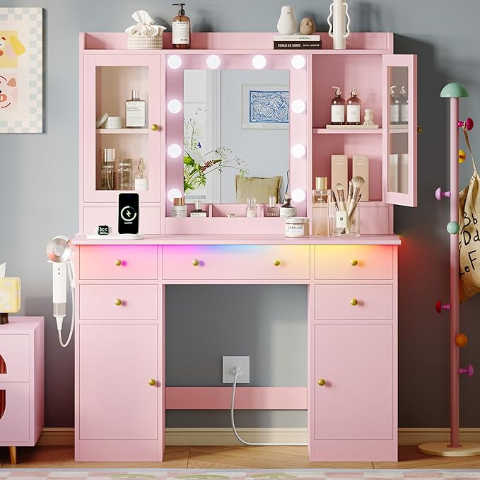 Makeup Vanity Desk with Mirror and Lights, Pink Vanity Table Set with Storage Drawers, Charging Station & Cabinets, Large Dressing Table with RGB Ambient Light for Women Girls Bedroom Bathroom