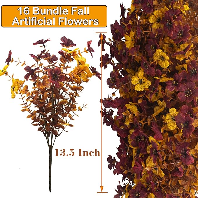 16 Bundles Artificial Fall Mums with Eucalyptus, Faux Daisy UV Resistant Outdoor Decor - Autumn Orange Flowers for Front Door Porch Planter, Patio, Thanksgiving Christmas (Fall Yellow&Red)